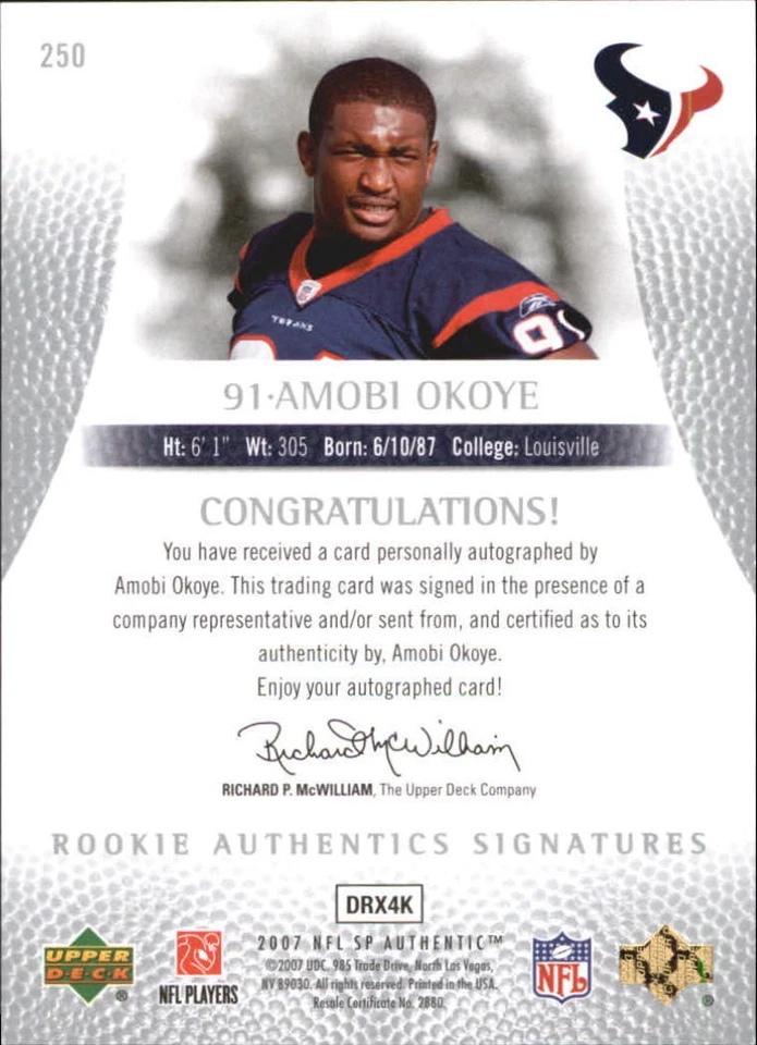 B0364- 2007 SP Authentic #250 Amobi Okoye RC Auto /999 - NM-MT - Image 2 of 2