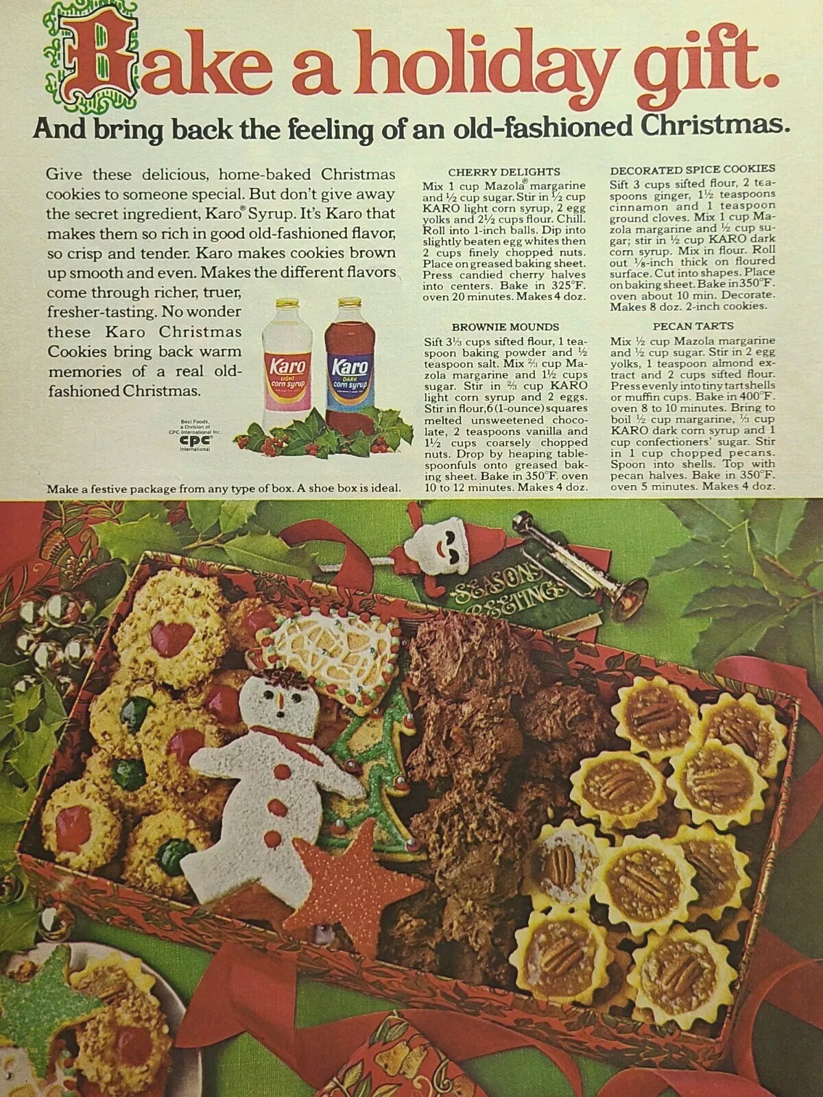Karo Syrup Christmas Tarts Cookies Holiday Baking Recipes Vintage Print Ad 1975