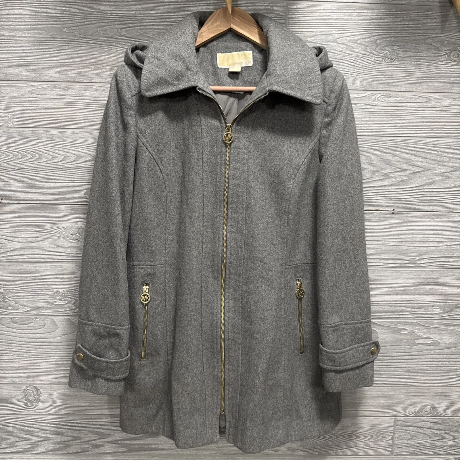Cappotto donna Michael Kors grigio lana taglia 12 staccabile cappuccio giacca zip oro