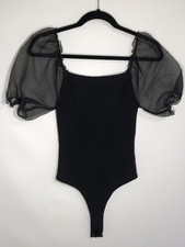 ASTR The Label Maroon Black Puff Ribbed Ballon Sleeve Bodysuit Women  s M EUC