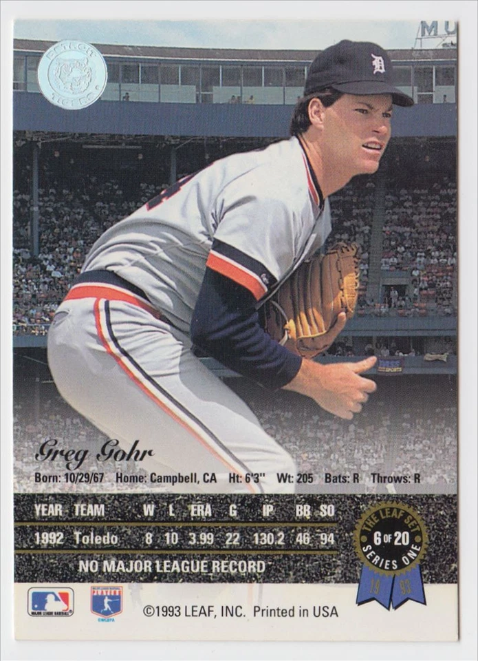 1993 Leaf Gold Rookies Greg Gohr Detroit Tigers #6 - Image 2 of 2