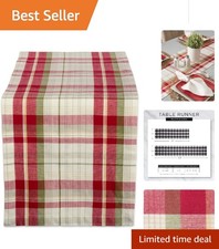 Orchard Plaid 14x72 Cotton Table Runner - Festive Holiday Decor in Taupe/Red