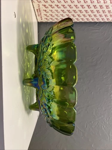 Indiana Vintage Carnival Glass Iridescent Green Grape Serving Bowl