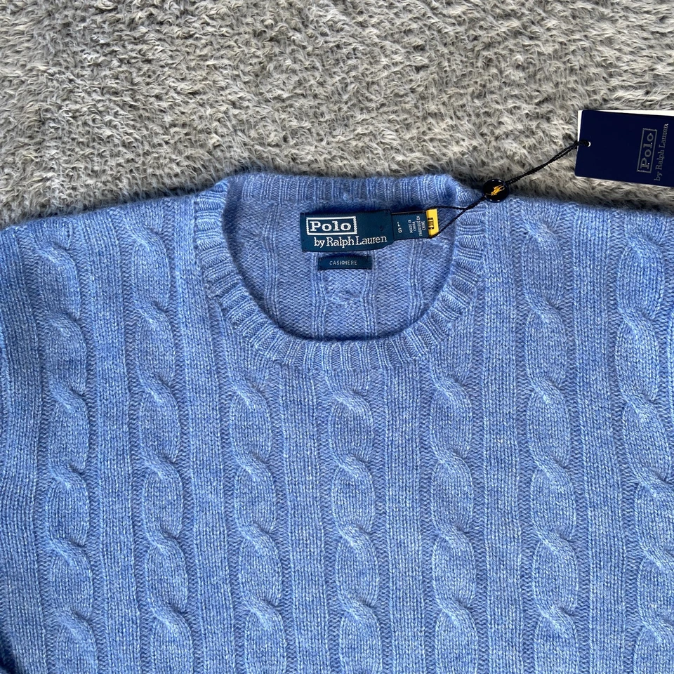 $398 Polo Ralph Lauren The Iconic Cable Knit Cashmere Sweater SZ Large Men Blue - Image 3 of 4