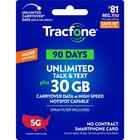 Tracfone 81 USD Nieograniczona rozmowa i tekst, 30 GB danych / 90 dni (karta fizyczna)