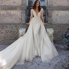 Luxury Mermaid Wedding Dress Detachable V Neck Lace Applique Glitter Bridal Gown