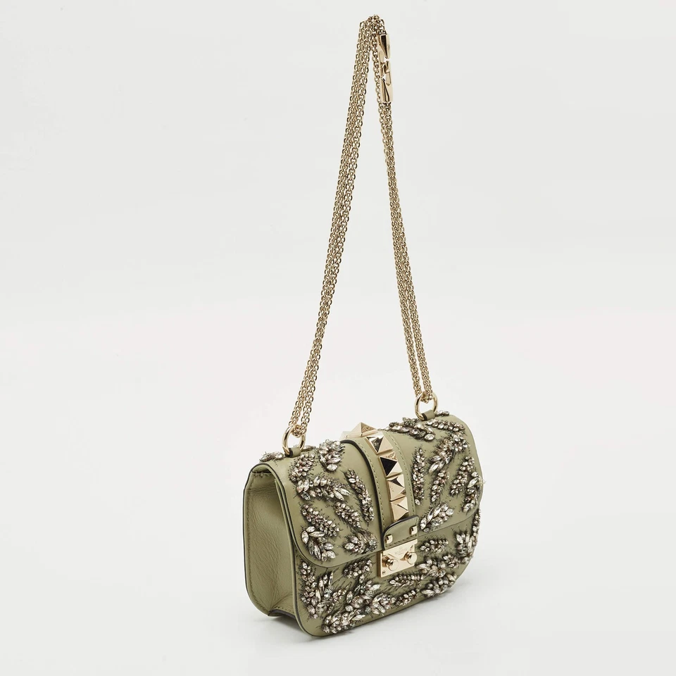 Valentino Olive Green Leather Small Rockstud Glam Lock Crystals Flap Bag - Image 3 of 4