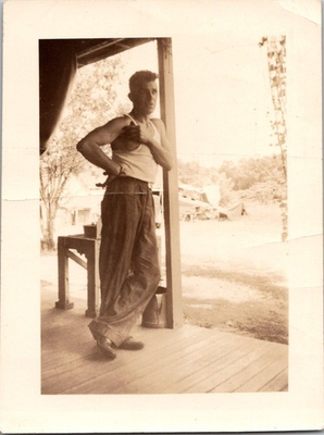#ad Vintage Snapshot Photo 1940s Man in Tank Top on Porch Military Camp Background $6.99