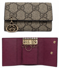 GUCCI GG SUPREME MONOGRAM KEY CASE HOLDER GOLD GG CHARM PINK LEATHER BOX