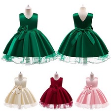 Girls Kids Princess Formal Pageant Wedding Birthday Party Lace Dress With Bow
