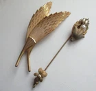 2 Vintage Signed Miriam Haskell STICK PIN + Leaf Brooch Faux Pearl Gold Tone