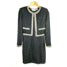 Vintage Laurence Kazar Dress Jacket Womens PP Black Silver Beaded Silk Formal