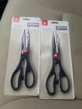 2 PAIR OF BLACK 8” MULTIPURPOSE STAINLESS STEEL SCISSORS W/3” SERRATED BLADE NEW