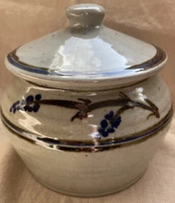 Studio Art Pottery 6.5"  Crock Blue Flowers With Lid Stoneware