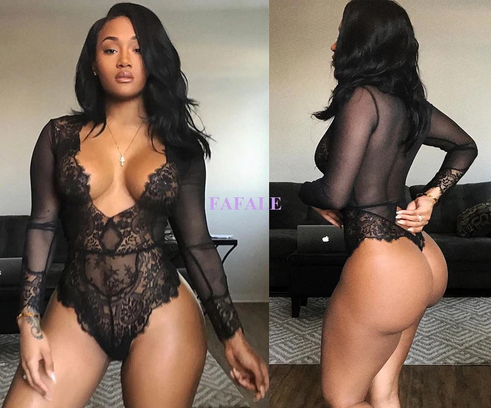 Sexy Women Black Long Sleeve Bodysuit Lingerie Lace Sheer Plus Size V Neck  Teddy