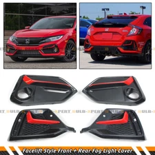 FOR 2017-21 CIVIC HATCHBACK RED TRIM FRONT + REAR BUMPER FOG LIGHT GARNISH COVER