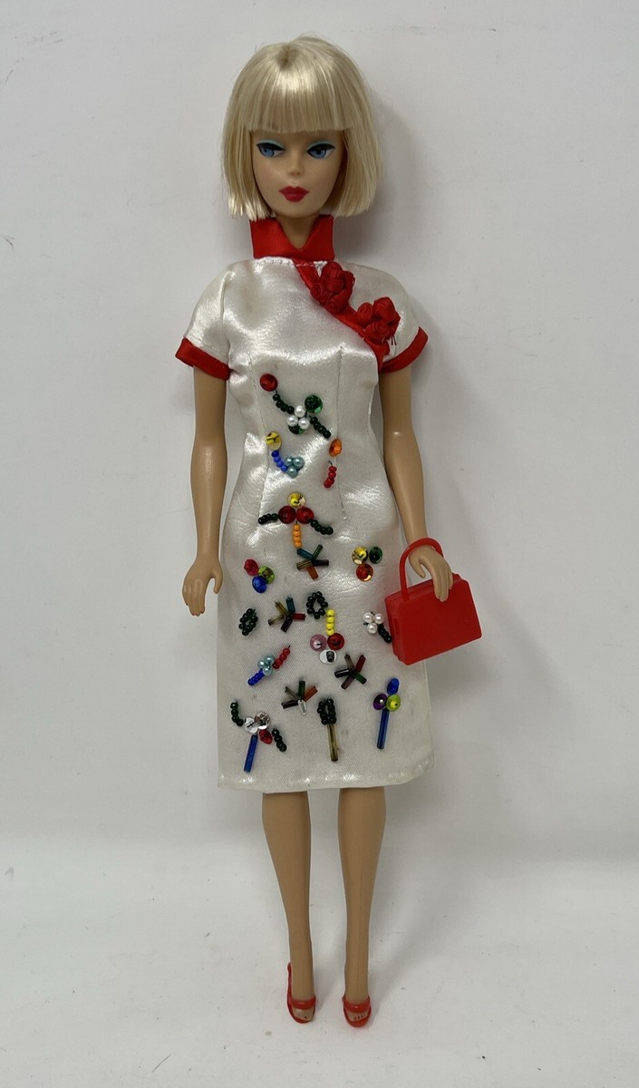 Vintage Barbie Clothes Clone Doll Outfit White Red Beaded Sequins Dress  Purse
