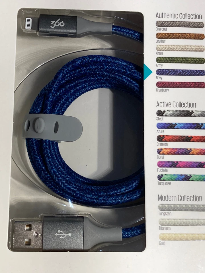 360 USB-A to Lighting Charge & Sync Braided  fiber Cable  8 ft.  Navy Blue - Image 2 of 4
