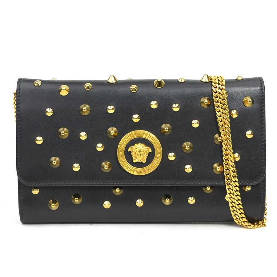 Auth VERSACE Chain Wallet Crossbody Bag Black/Gold Leather/Metal - r11074a