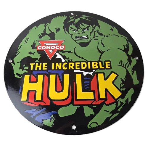 Vintage Conoco Incredible Hulk Porcelain Sign - Marvel Gas Station Sign