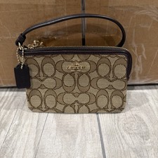 Coach Signature Logo Wristlet Brown Zipper Accent Gold Hardware Small Women
