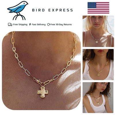 Statement 14K Gold Chunky Hammered Cross Pendant Necklace Trendy Paperclip Chain