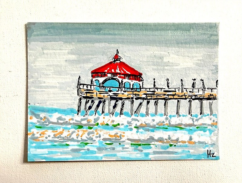 Original California Pier ACEO – Blue Water, calm Waves & Gray Sky, OOAK Signed