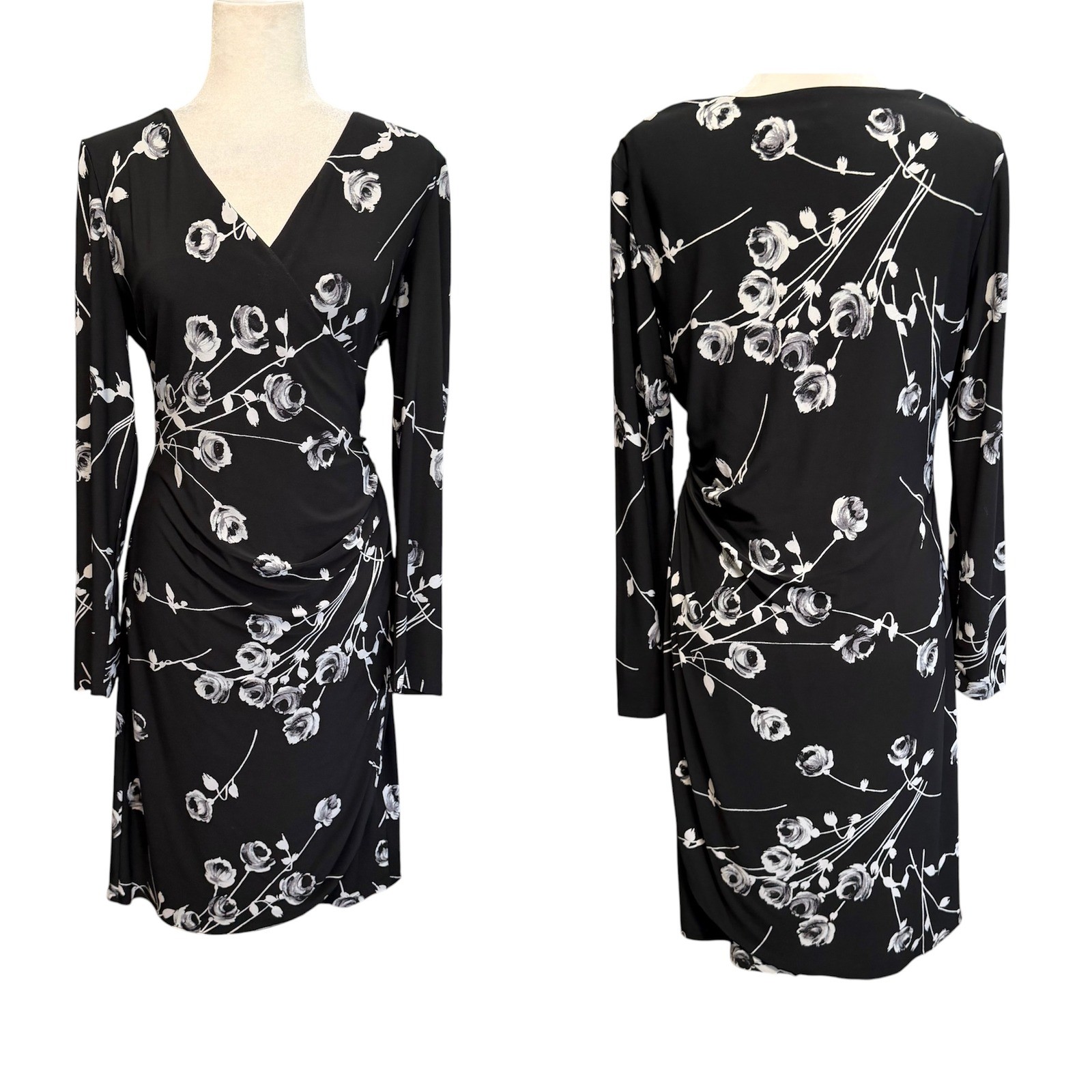 Lauren Ralph Lauren Dress Womens 14 Black Floral Faux Wrap Long Sleeve Ruched