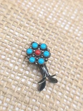 Old Pawn Sterling Silver Snake Eye Turquoise & Coral Squash Blossom Pendant 1"