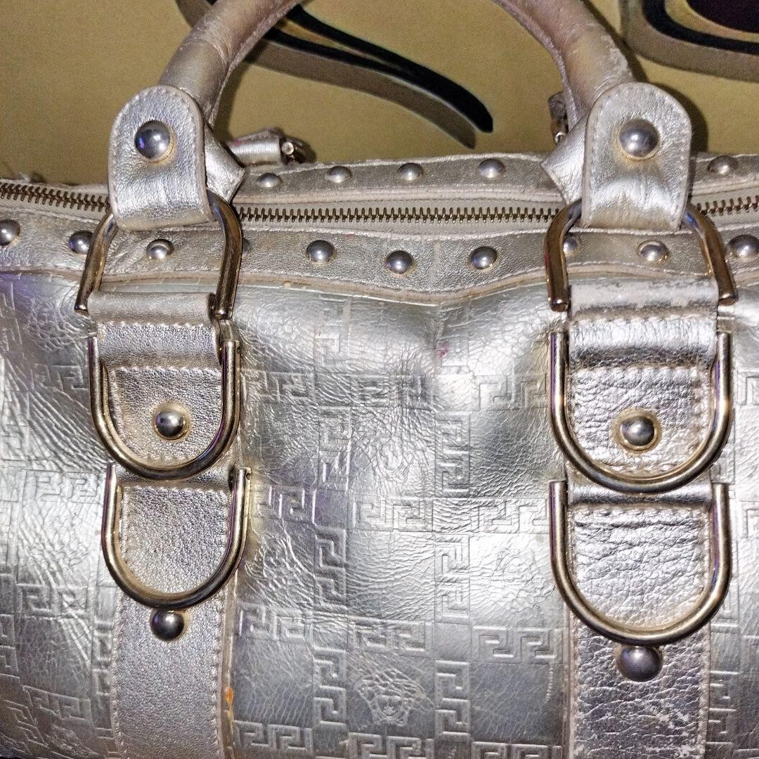 VERSACE HandBag Boston Bag With Studs Hardware Silver Leather Greca Embossed thumbnail 18