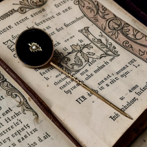 Antique Victorian Era Black Mourning Stick Pin Gold Tone Seed Pearl Accent