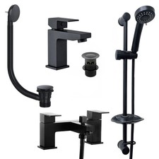 Black Mono Basin Tap & Bath Shower Mixer with Slider Rail Kit Waste Square Cube