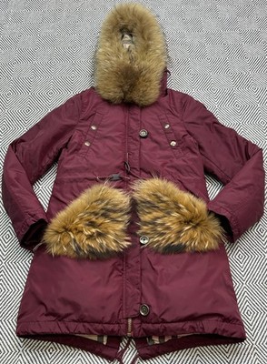 Genuine Burberry Brit Down Coat Women's Burgundy Parka Real Fur Nova Check Size