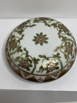 Vintage Italian Porcelain Trinket Dish/Lid Round Hand Painted Floral Gold Gilt