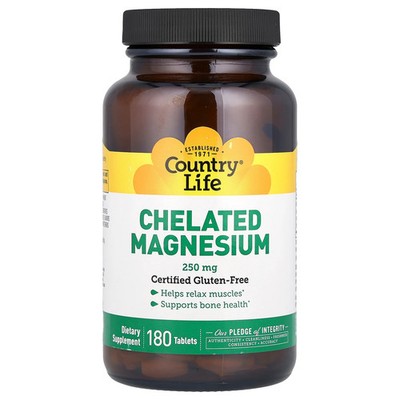 Country Life Chelated Magnesium 250 mg 180 Tablets Gluten-Free, GMP Quality