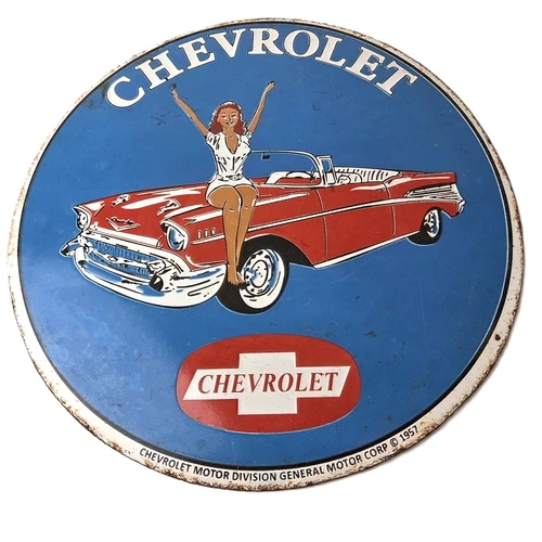 Vintage Chevrolet Pin Up 1957 Porcelain Sign - Bel Air Convertible Sign