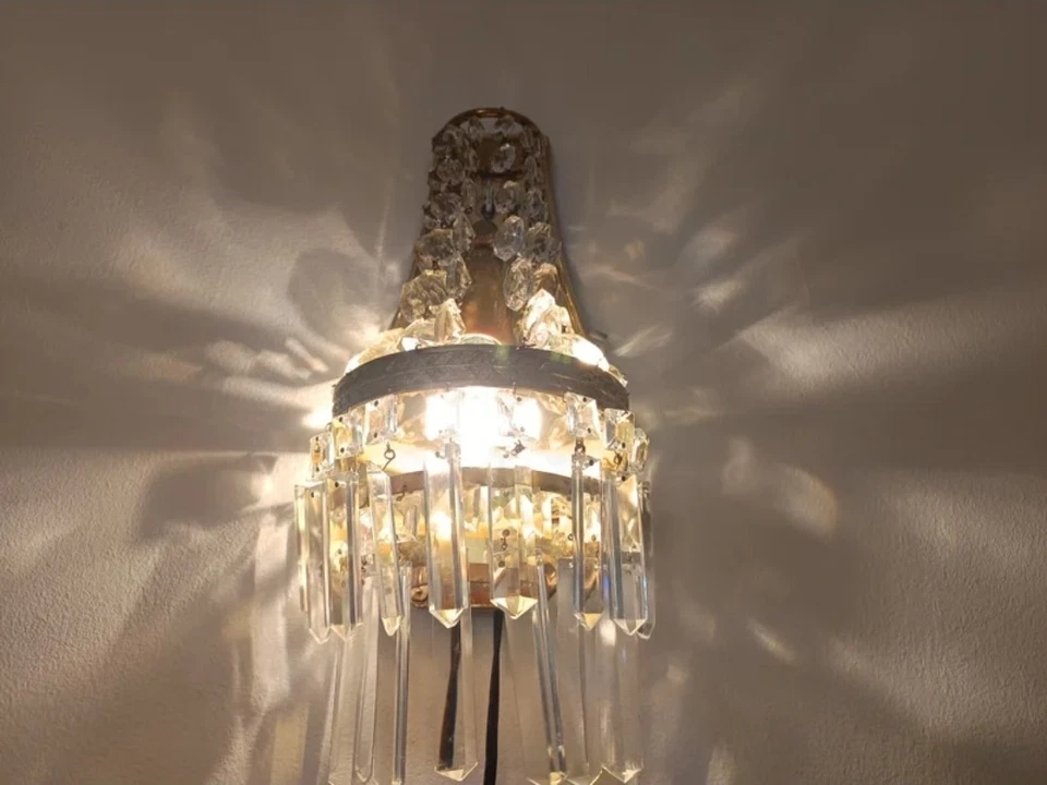 Vintage Antique Pair French Empire Brass Crystal 1 Light Sconces Wall Lights - Image 3 of 4