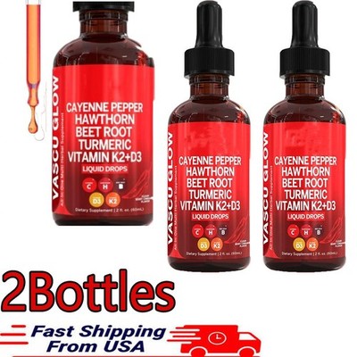 2Pack Cayenne Pepper Hawthorn Beet Root Turmeric Vitamin K2+D3 Liquid Drops 60ML