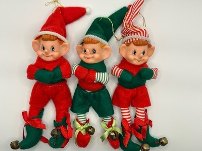 3 Vintage Pixie Elves Rubber Faces Red Green Felt Bells Bendable Ornaments 6''