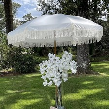 7ft Patio Umbrella w/ Fringe Outdoor Tassel Umbrellas UPF50 Premium Steel Pole
