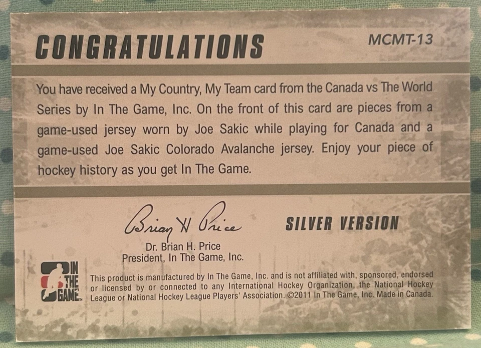 Joe Sakic 2011 In The Game Canadá vs The World My Country My Team Jersey Reliquias Foto 2 de 2