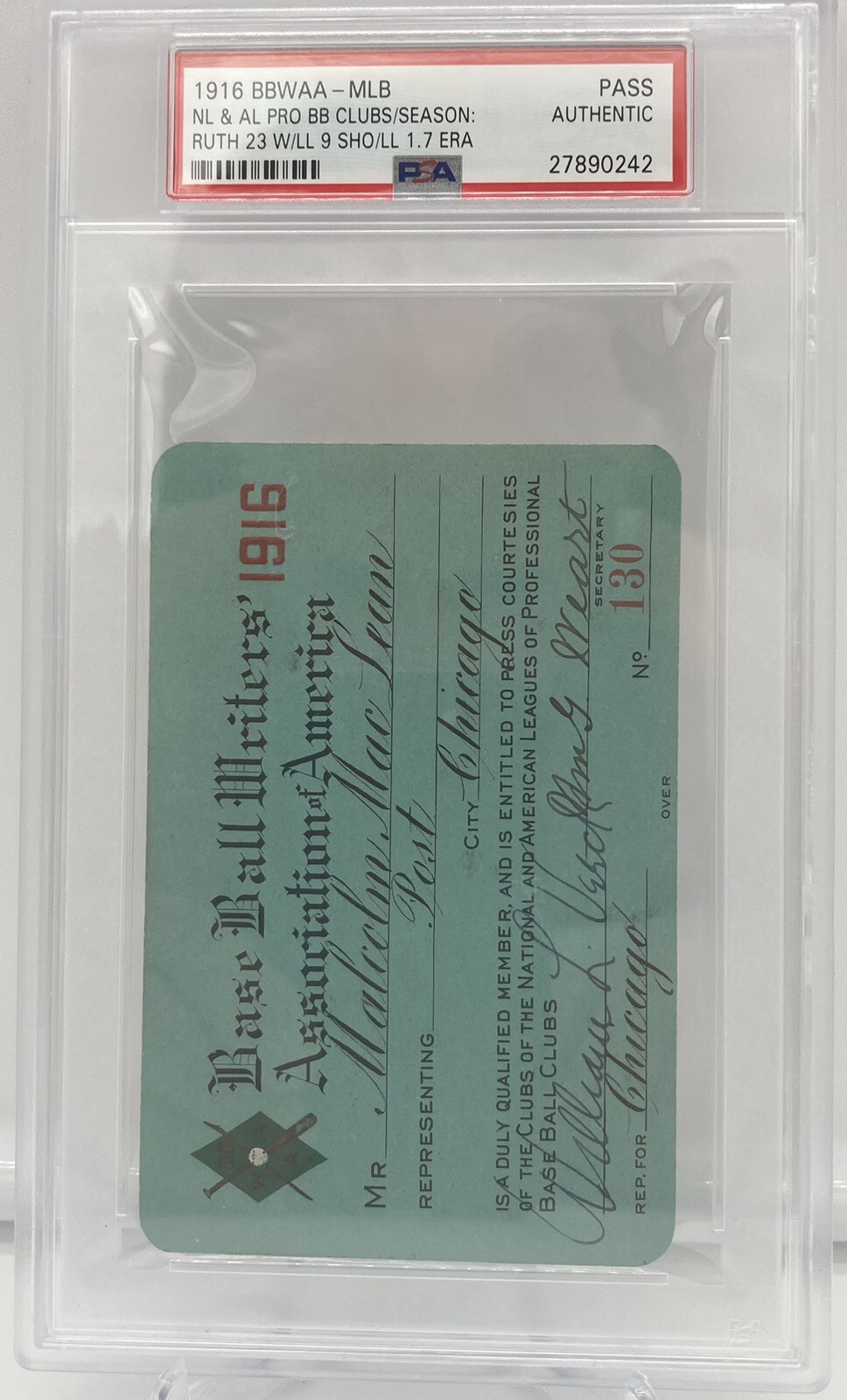 1916 Pass Ticket Babe Ruth 23 Win/3 HR/GM 2 World Series Ruth WP POP 1 ...
