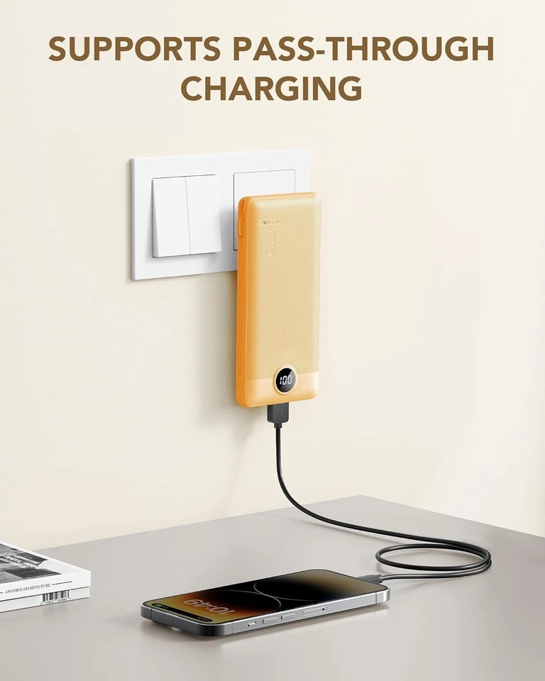 Cargador Portátil Naranja Cables Incorporados y Enchufe de Pared de CA, Banco de Alimentación USB C 10000 Foto 2 de 4