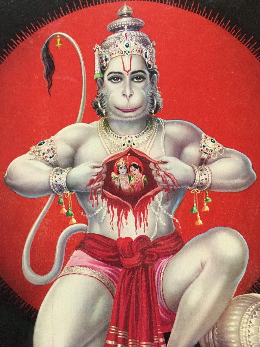 India 60's Print VEER HANUMAN TEARS CHEST. Artist- Sapan 14in x