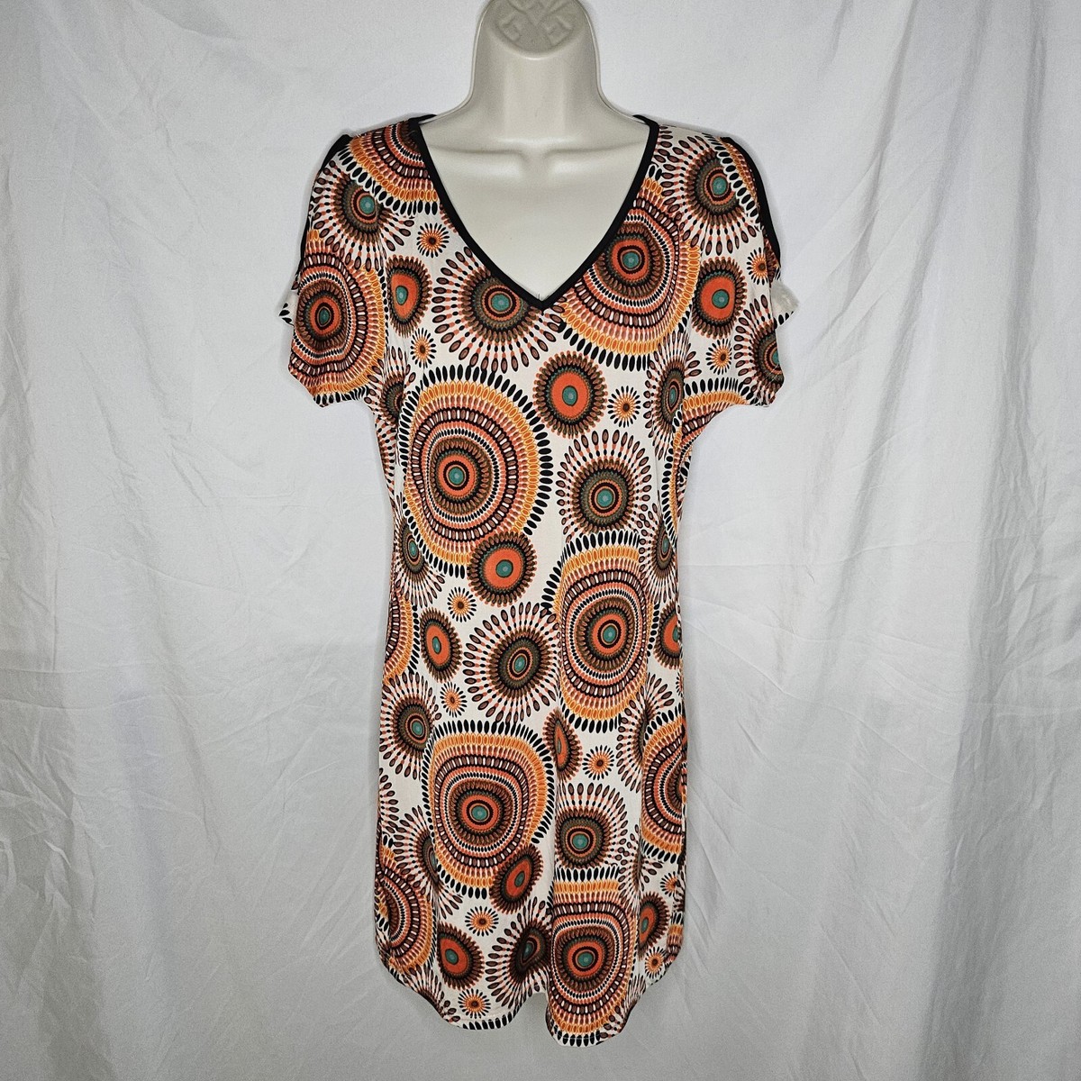 New Womens India Boutique Open Sleeve Cold Shoulder Dress Medallion Circle  Geo