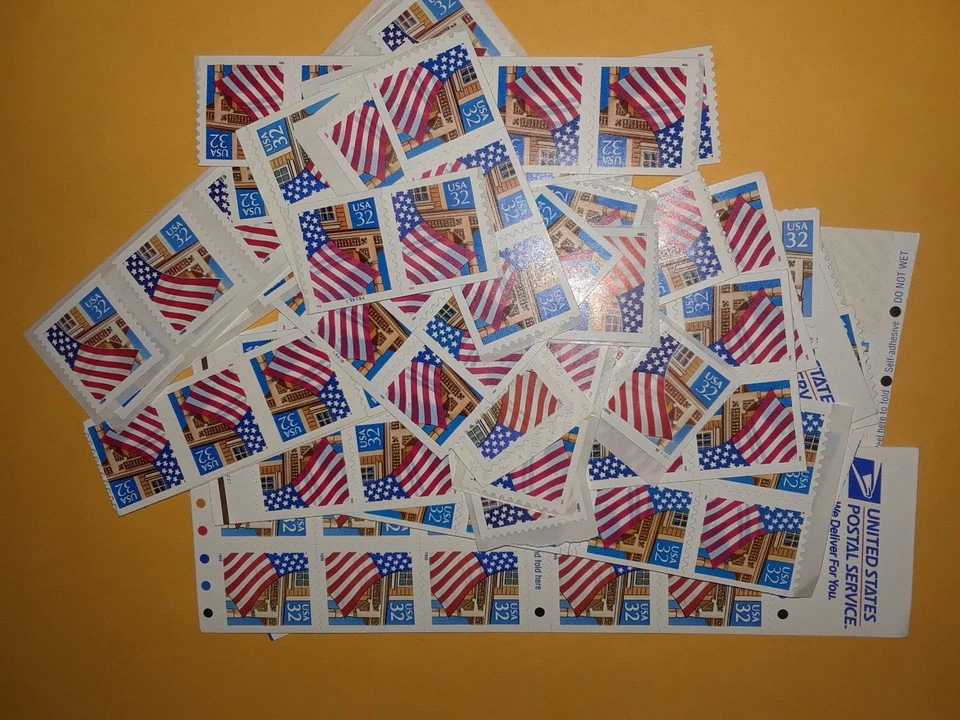 Unused 70 of Strips & Singles of 32¢ Flag Over Porch US Postage Stamps FV $22.40 - Image 4 of 4