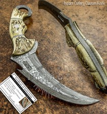 Cubiertos de Impacto Raro Personalizado Damasco Karambit Cuchillo Full Tang Ciervo Cuerno Mango