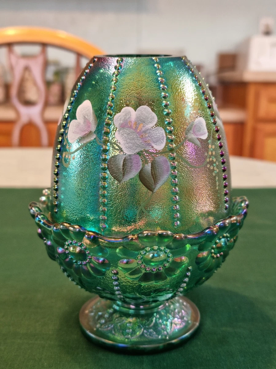 Vintage Fenton Iridescent Beaden Turquoise Fairy Lamp With White Flowers