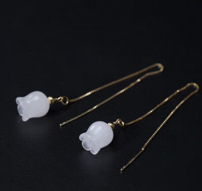 I04 Earring Pull Through Silver 925 Gold Plated with a White Jade Flower