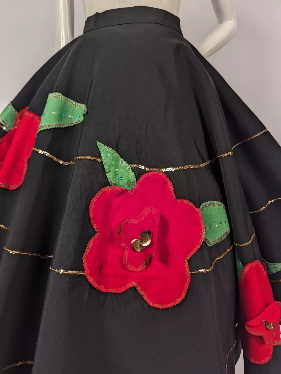 VINTAGE 1950’S THICK FAILLE HOLIDAY CIRCLE SKIRT W FLORAL APPLIQUES + SEQUINS
